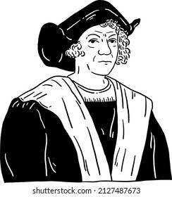 Italy, Feb 22 2022: Christopher Columbus Explorer And Navigator Portrait Hand Drawn Line Art Illustration