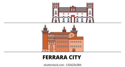Italy, Ferrara City flat landmarks vector illustration. Italy, Ferrara City line city with famous travel sights, skyline, design. 