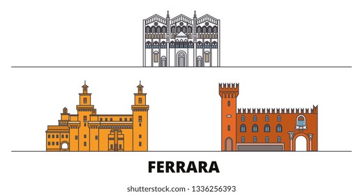 Italy, Ferrara flat landmarks vector illustration. Italy, Ferrara line city with famous travel sights, skyline, design. 