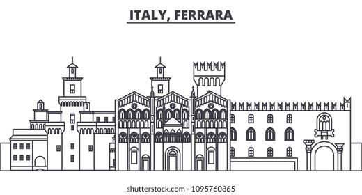 Italy, Ferrara line skyline vector illustration. Italy, Ferrara linear cityscape with famous landmarks, city sights, vector landscape. 