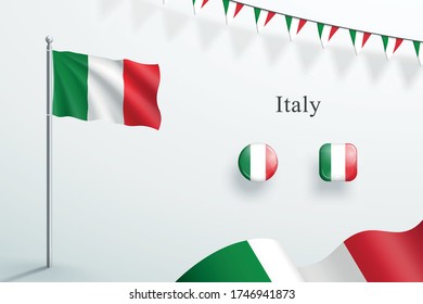 Italy Flag 3d Elements Waving Flagpole Bunting Buttons