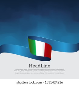 Italy flag background. Wavy ribbon color flag of italy on a blue white background. National poster. Vector tricolor design. State italian patriotic banner, flyer, cover