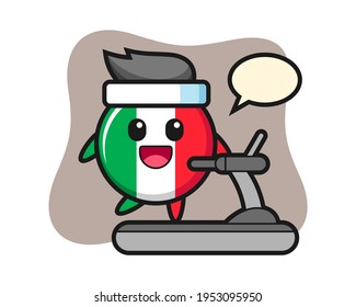 Italy flag badge cartoon character walking on the treadmill, cute style design for t shirt, sticker, logo element
