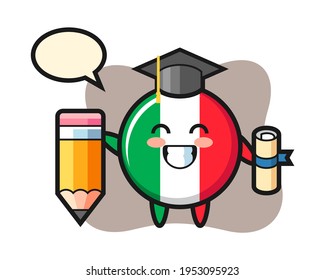 Italy flag badge illustration cartoon is graduation with a giant pencil, cute style design for t shirt, sticker, logo element