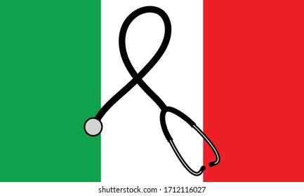 Italy flag with a black ribbon formed by a stethoscope in mourning