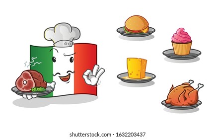 italy flag chef with many types of food cartoon. including cheese, burgers, cupcakes, chicken and beef. cute chibi cartoon mascot vector