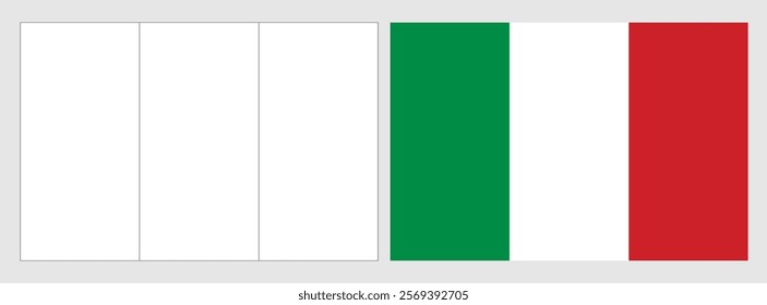 Italy flag - coloring page. Set of white wireframe thin black outline flag and original colored flag.