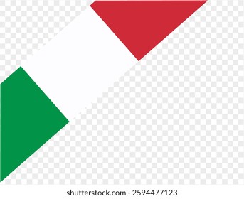 Italy flag corner slanted ribbon, isolated on a transparent PNG background. Perfect for digital projects, logos, and presentations, showcasing the iconic green, white, and red flag.