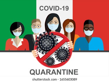 Italy flag and Coronavirus 2019-nCoV stop sign. Dangerous chinese ncov corona virus Covid-19, SARS pandemic risk alert