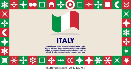 Italy Flag Design banner with cultural design. Independence day design for Italy celebration. Modern neo geometric retro design with flag, showcasing national pride and heritage.