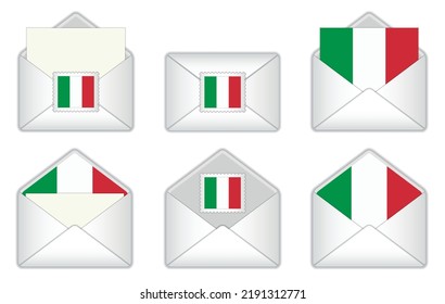 Italy flag in the envelope. Italian stamp flag. Opened, closed Italian letter, isolated on white background.