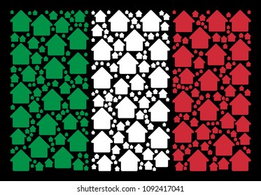 Italy flag flat collage combined from cabin icons on a black background. Vector cabin symbols are arranged into conceptual Italy flag composition.