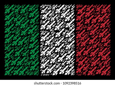 Italy flag flat collage constructed with missile launch icons on a black background. Vector missile launch design elements are arranged into conceptual Italian flag pattern.