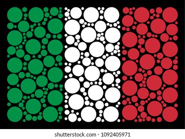 Italy flag flat collage created of filled circle icons on a black background. Vector filled circle symbols are united into geometric Italian flag abstraction.