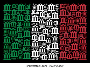 Italy flag flat collage designed from bank building icons on a black background. Vector bank building pictograms are united into conceptual Italian flag pattern.