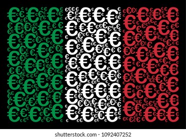 Italy flag flat collage made of Euro symbol icons on a black background. Vector Euro symbol design elements are arranged into abstract Italy flag pattern.