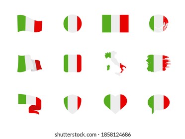 Italy flag - flat collection. Flags of different shaped twelve flat icons. Vector illustration set