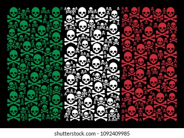 Italy flag flat composition done with death skull icons on a black background. Vector death skull symbols are grouped into conceptual Italy flag illustration.