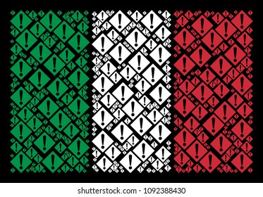 Italy flag flat composition formed with warning icons on a black background. Vector warning objects are united into abstract Italian flag illustration.