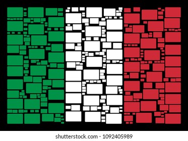 Italy flag flat concept designed of filled rectangle items on a black background. Vector filled rectangle objects are united into geometric Italian flag composition.