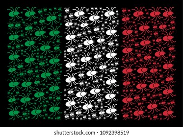 Italy flag flat mosaic constructed from mite tick icons on a black background. Vector mite tick pictograms are united into geometric Italian flag abstraction.