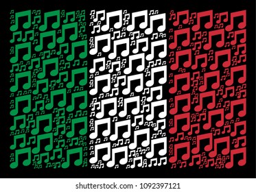 Italy flag flat mosaic made from music notes icons on a black background. Vector music notes objects are combined into conceptual Italy flag pattern.