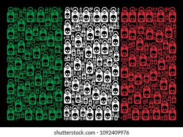 Italy flag flat mosaic made with death skull tag items on a black background. Vector death skull tag design elements are grouped into abstract Italy flag composition.