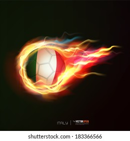 Italy flag with flying soccer ball on fire isolated black background, vector illustration