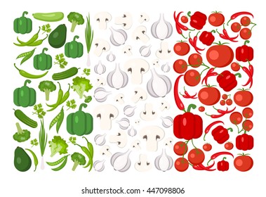 Italy flag from food. Vegetables, herbs, tomato, pepper, mushrooms, chili, avocado, onion, squash, cucumber, broccoli, peas. Food vector background. Italian food.