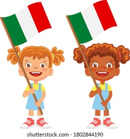 Italy flag in hand. Children holding flag. National flag of Italy vector