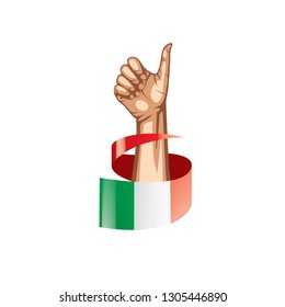 Italy flag and hand on white background. Vector illustration