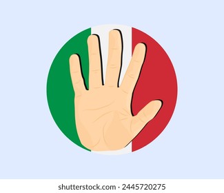 Italien-Fahne mit Handstopp-Schild, Protest- und Menschenrechtsidee, Vektorgrafik-Design, Protest in Italien, Einschränkung oder verbotenes Emblem, Verletzung der Meinungsfreiheit, Krieg beenden