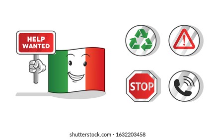 italy flag holding sign cute chibi cartoon. including recycling sign, caution, stop, telephone. cartoon mascot vector