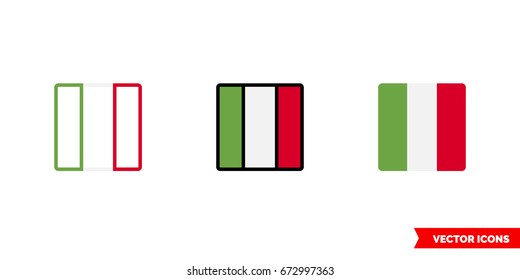 Italy flag icon of 3 types: color, black and white, outline. Isolated vector sign symbol.