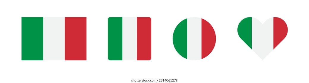 Italy flag icon. Italian banner signs. National symbol. Italia heart shape symbols. Circle badge of Europe country icons. Flat color. Vector isolated sign.