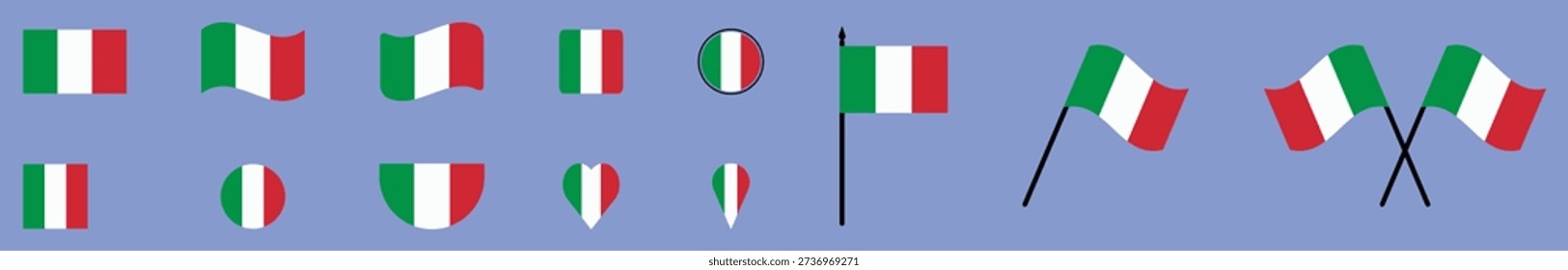 Italy Flag Icon Set Diverse Collection of Italian Symbols including Hearts, Circles, and Flagpoles.