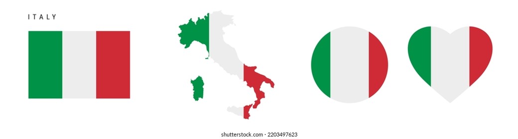 Italy flag icon set. Italian pennant in official colors and proportions. Rectangular, map-shaped, circle and heart-shaped. Flat vector illustration isolated on white.