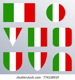 Italy flag icon set. Italian flag button or badge in different shapes. Vector illustration.