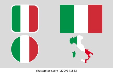 Italy Flag Icon Set in Square, Round, and Map Shapes. Clean Modern Collection. Perfect for use in apps, websites, presentations, infographics, educational materials, travel content.