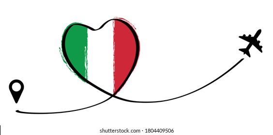 Italy flag, Love Romantic travel airplane line path of air plane flight route with start point icon. Air plane flying. Vector fly pin location pointer route sign. For italy romance vacation, holliday.