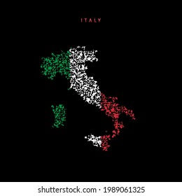 Italienische Flagge Karte, chaotische Partikel Muster in den Farben der italienischen Flagge. Vektorgrafik einzeln auf schwarzem Hintergrund.
