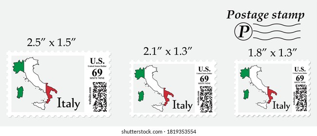 Italy flag map on postage stamp different size.