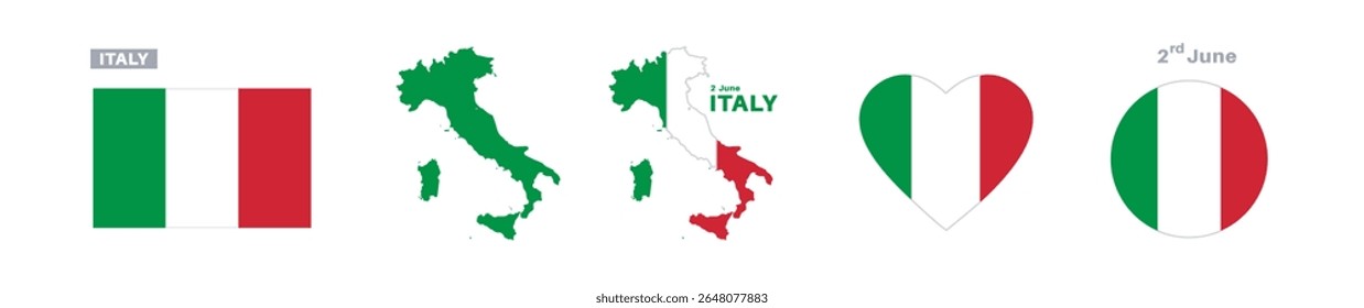 italy flag and map set. italy flag in official colors and proportions. independence day 2 june , map, circle and heart shaped italy	