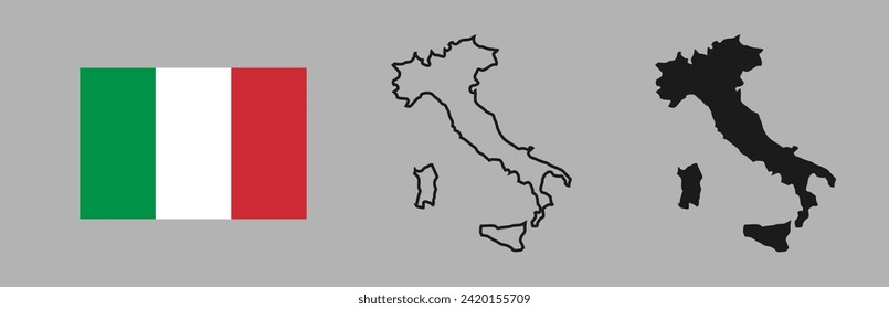 Italy flag and map silhouette linear and black illustration. Vector