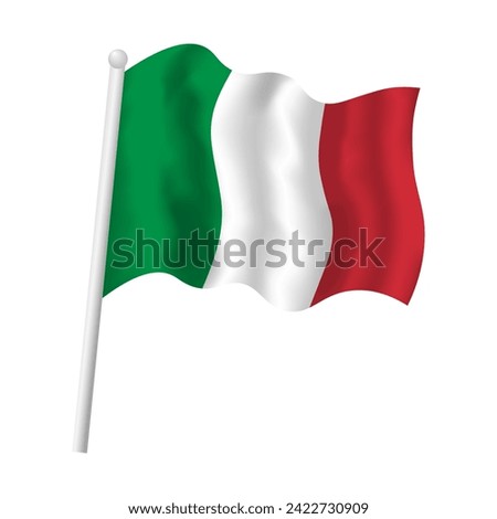Italy flag on flagpole waving in wind. Italian tricolor vector isolated object illustration. Green, white and red flag texture.