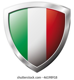 Italy flag on metal shiny shield vector illustration. Collection of flags on shield against white background. Abstract isolated object.