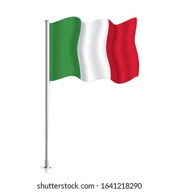 Italy flag on a metallic pole. Official flag of Italy, isolated on a white background. Waving national flag hanging on a pillar. Vector illustration.