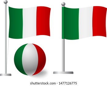 Italy Flag On Pole And Ball. Metal Flagpole. National Flag Of Italy Vector Illustration