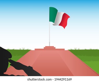 Italy flag on a pole with the image of a soldier saluting the flag