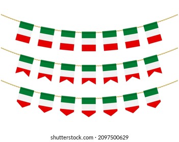 Italy flag on the ropes on white background. Set of Patriotic bunting flags. Bunting decoration of Italy flag